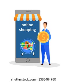 Internet Shopping, E trading Vector Illustration. Businessman in Suit Holding Coin Cartoon Character. Cart with Products on Smartphone Screen, Mobile Device with Awning. Online Grocery Shopping