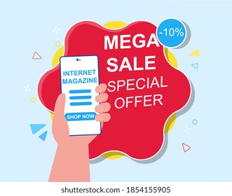Internet shopping, e-commerce abstract concept. Hand holding smartphone with mobile app. Mega sale template for advertising and promotion. Discount, special offer. Cartoon flat vector illustration