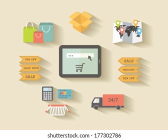 Internet shopping, e-commerce concept. Icons set with long shadows.