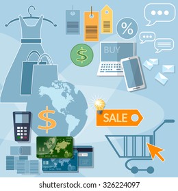 Internet shopping e-commerce concept sale discounts credit cards online store flat vector  