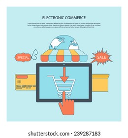 Internet shopping e-commerce concept tablet with awning of buying products via on line shop store e-commerce ideas e-commerce symbols sale elements on stylish background