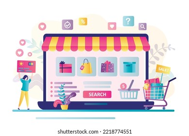 Internet shopping, e-commerce. Online store on laptop screen. Woman customer holds credit card and fills virtual shopping cart with goods. Making remote purchases. App for shopping. Flat vector