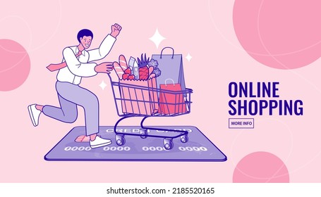 Internet shopping, fashion man use credit card. Ecommerce concept. delivery service. Digital service marketplace. Online shopping landing page website illustration vector flat design.