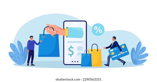 Internet shopping or fast safe delivery service. Courier man hand holding shopping bag coming out from smartphone screen. Online order and payment by mobile phone app. Internet e-commerce