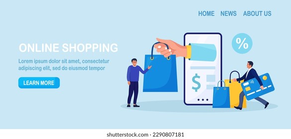 Internet shopping or fast safe delivery service. Courier man hand holding shopping bag coming out from smartphone screen. Online order and payment by mobile phone app. Internet e-commerce