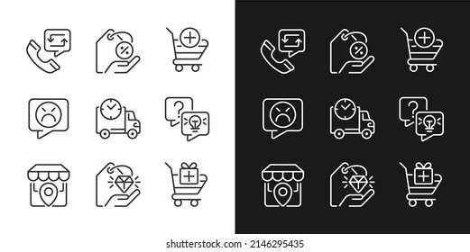 La compra de Internet incluye iconos lineales perfectos para píxeles ajustados para el modo oscuro y claro. Servicio al cliente. Entrega del producto. Símbolos delgados para la noche, tema del día. Ilustraciones aisladas. Trazo editable