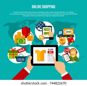 Internet shopping flat composition with tablet computer, 24h service, secure payment, delivery on turquoise background vector illustration 