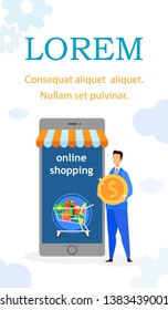 Internet Shopping Flat Flyer, Brochure Template. E commerce Web Banner Concept. Businessman in Suit Holding Coin Cartoon Character. Online Grocery Shopping Flat Illustration with Text Space