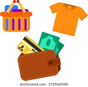 Internet Shopping Flat Icons für E-Commerce mit Geld, Geldbörse und Warenkorb-Symbole. Vektor einzeln auf Weiß.