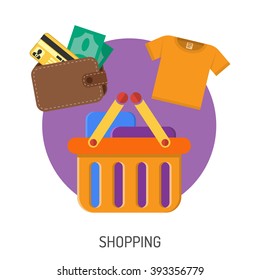 Internet Shopping Flat Icons for e-commerce with money, wallet and basket symbols. Vector isolated on white.