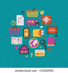 Internet shopping flat icons set for online search purchase payment and delivery vector illustration