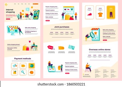 Internet shopping flat landing page. Online marketplace, e-commerce corporate website design. Web banner template with header, middle content and footer. Vector illustration with people characters.