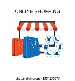 Internet shopping flat vector illustration. E commerce accessories, online store, e trading business