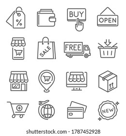 Internet shopping, free delivery thin line icons set isolated on white. Discount, sale, payment pictograms collection. Basket trolley, bank card, transportation vector elements for infographic, web.