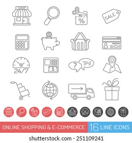 Internet Shopping Icon Set for e-commerce in Line Thin Style. Vector isolated on white