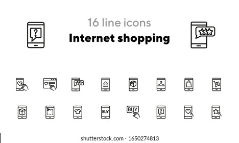 Internet shopping icon set. Line icons collection on white background. Coupon, smartphone, clothing. Sale concept. Can be used for topics like retail, consumerism, interface