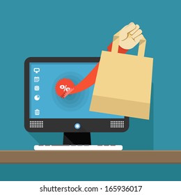 Internet shopping illustration. Hand with shopping bag