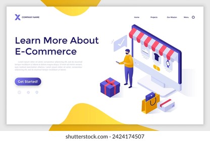 Internet shopping isometric concept vector illustration. E-commerce business, online shopping, product in stock, retail store, shopping list, user account worldwide delivery landing page