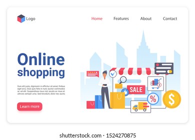 Internet shopping landing page flat vector template. Online ecommerce marketplace website design layout. Internet store webpage cartoon concept. Retail merchandising. Webshop interface