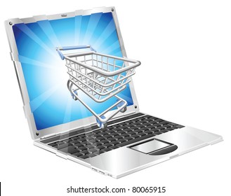Internet shopping laptop concept illustration. Shopping cart flying out of laptop screen.