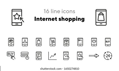 Internet shopping line icon set. Smartphone, application, sale. Buying clothes concept. Can be used for topics like retail, store, technology