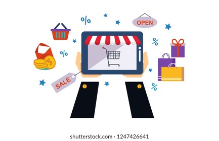 Internet shopping, male hands holding digital tablet, ecommerce concept vector Illustration