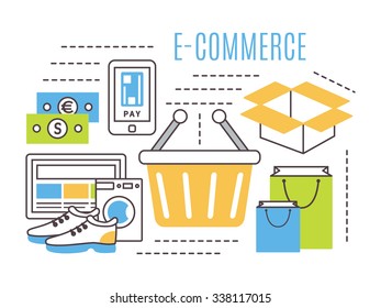 Internet shopping, online shopping, e-commerce concept. Thin line flat vector icons.