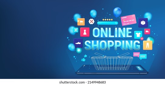 Internet shopping online through a website or a mobile application on a smartphone. E-marketing and Internet shops concept. 3D Mobile phone with Application, shopping cart, icons, UI App, Credit card