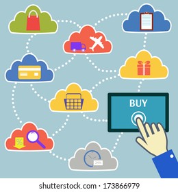 Internet shopping. Order, payment and delivery. Tablet PC with hand. Flat style. Vector illustration.