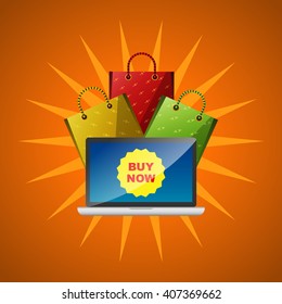 Internet shopping poster. Computer and colorful bags on orange background.