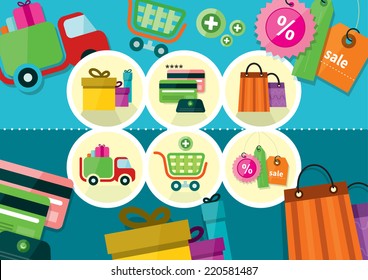 Internet shopping process and delivery. Business shop sale icons. Poster concept with icons of buying product via online shop and e-commerce ideas symbol and shopping elements in flat design pattern.