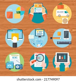 Internet shopping process purchasing and delivery. Business online sale icons. Poster concept with icons of buying product online shop and e-commerce ideas symbol and shopping elements in flat design
