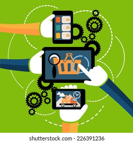 Internet shopping process of purchasing and delivery. Business online sale icons. Icons of buying product via online shop and e-commerce and shopping elements in flat design