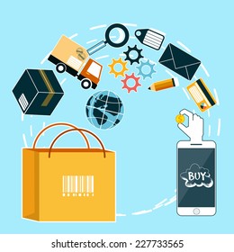 Internet shopping process of purchasing and delivery. Business online sale icons. Poster concept of buying product via online shop and e-commerce ideas symbol and shopping elements in flat design