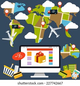 Internet shopping process of purchasing and delivery. Business online sale icons. Icons of buying product via online shop and e-commerce and shopping elements in flat design