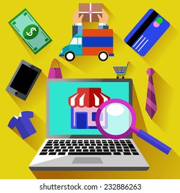 Internet shopping process of purchasing and delivery. Business online sale icons. Icons of buying product via online shop and e-commerce and shopping elements in flat design