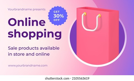 Internet shopping sale discount advertising banner paper bag and percentage sign vector illustration with place for text. Special offer for online purchase order 3d icon realistic advertising template