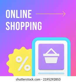 Internet shopping sale discount online order special offer smartphone app social media post realistic 3d icon vector illustration. Digital store clearance purchase percent badge web promo banner