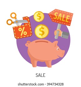 Internet Shopping and Sale Flat Icon for e-commerce with Money and Piggy Bank symbols. Vector isolated on white.