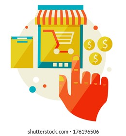 internet shopping. Sale, Laptop and smart phone with awning. Flat design modern illustration. 