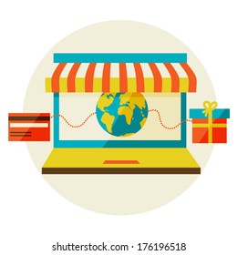 internet shopping. Sale, Laptop and smart phone with awning. Flat design modern illustration. 