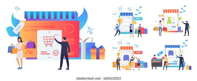 Internet Shopping Set. Customers Buying Goods Online, Holding Bags, Paying With Credit Card. Flat Vector Illustrations. Business, Ecommerce Concept For Banner, Website Design Or Landing Web Page