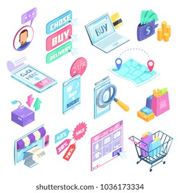 Internet shopping set of isometric icons with search and choice of products, buying online, isolated vector illustration