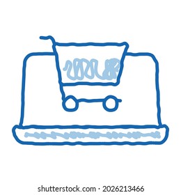 Icono de boceto de compras por Internet vector. Dibujo manual de arte de la línea de doodle azul en el símbolo de compras de Internet. ilustración de símbolo aislado