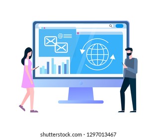Internet shopping statistics webpage and customers vector. Global network, online store page on computer screen and clients with smartphones or gadgets