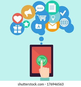 Internet shopping. Tablet pc with applications. Flat style - vector illustration