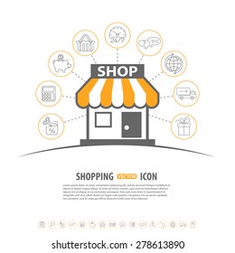 Internet Shopping vector concept with Line Icon Set and Flat Shop Icon for e-commerce marketing and advertising