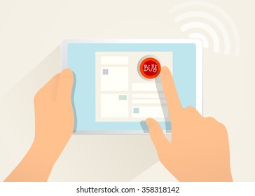 Internet shopping. Vector draw illustration. Isolated objects, computer, tablet, human hands. 