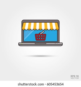 Icono del vector de compra de Internet. Portátil portátil con toldo y cesta de compras 