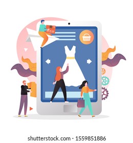 Compra de Internet, ilustración vectorial. Enormes tablets y micropersonajes masculinos y femeninos comprando ropa en Internet. Tienda en línea, composición de comercio electrónico para banner web, página web, etc.
